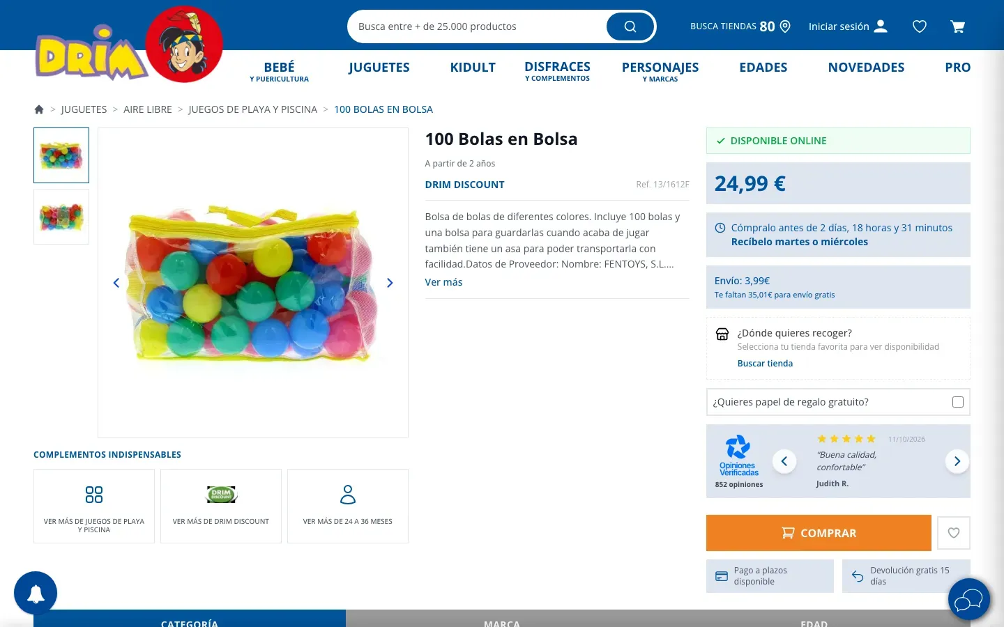 Web de Jugueterías Drim en escritorio, captura 2 de 2